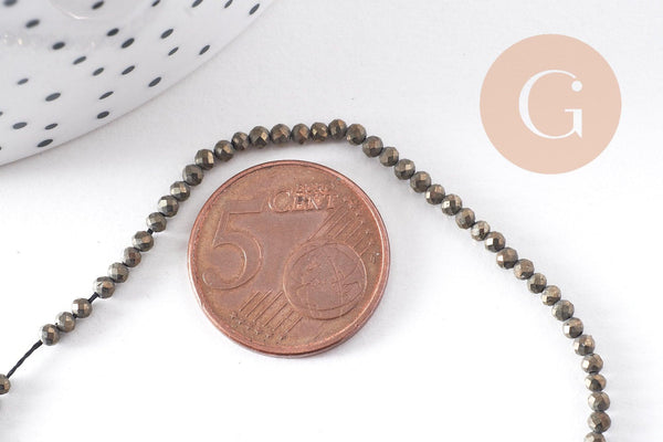 Perles pyrite facettée 3mm,perles pyrite, pyrite naturelle,fil de 40cm, x1 (G2094)