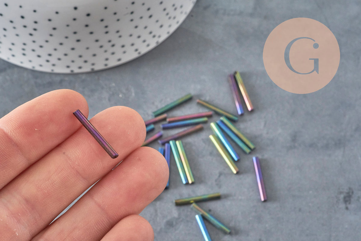 Iridescent Black Glass Tube Seed Beads, Craft Supplies, Metallic Black Glass, Long Tube, 20mm x 2mm, x 5gr G0690