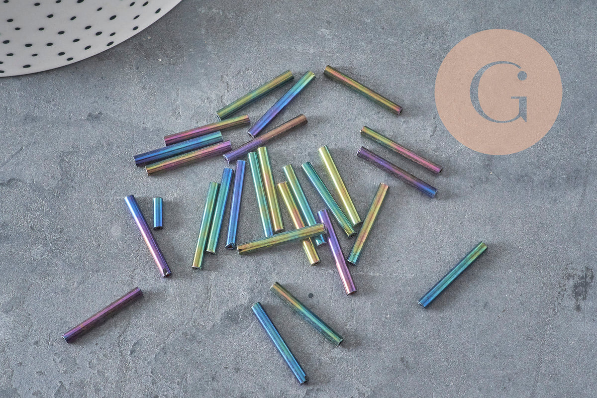 Iridescent Black Glass Tube Seed Beads, Craft Supplies, Metallic Black Glass, Long Tube, 20mm x 2mm, x 5gr G0690