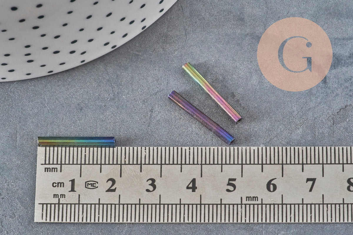Iridescent Black Glass Tube Seed Beads, Craft Supplies, Metallic Black Glass, Long Tube, 20mm x 2mm, x 5gr G0690