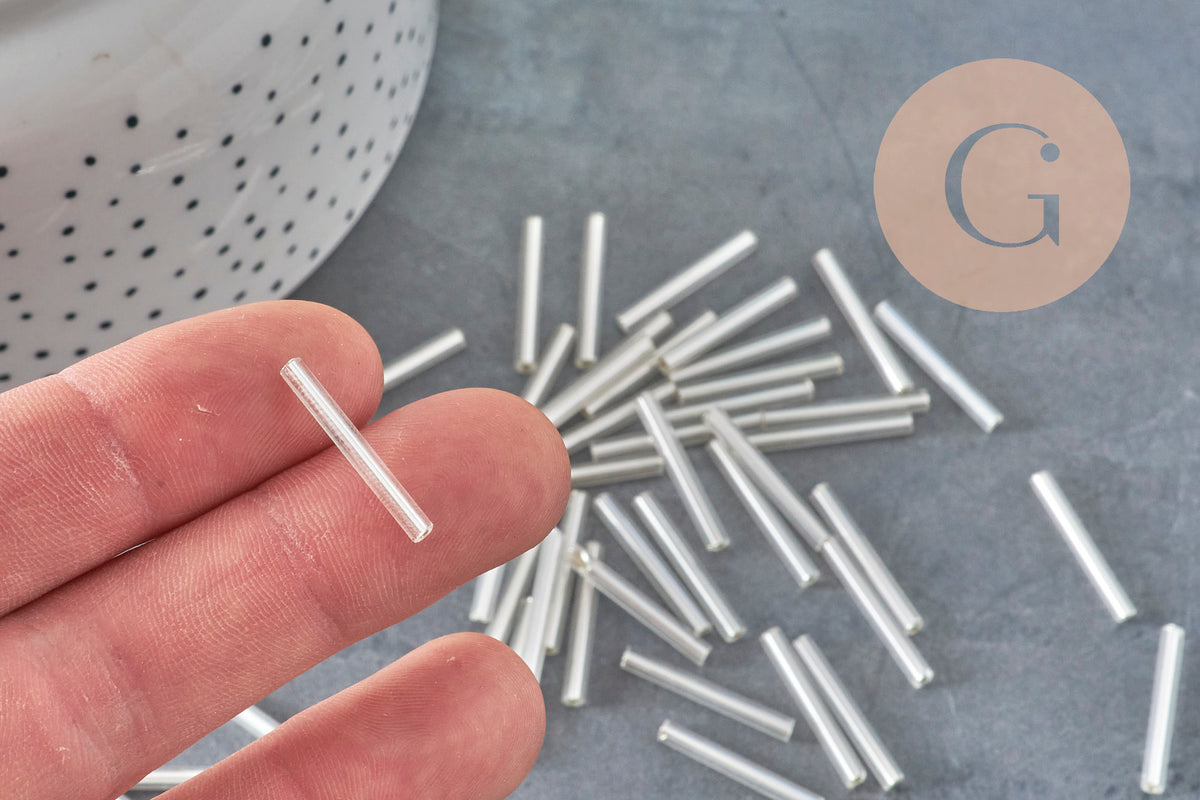 Seed beads Tube glass metallic silver 20mm x 2.5mm, long tube, silver beads, x 10gr G1163