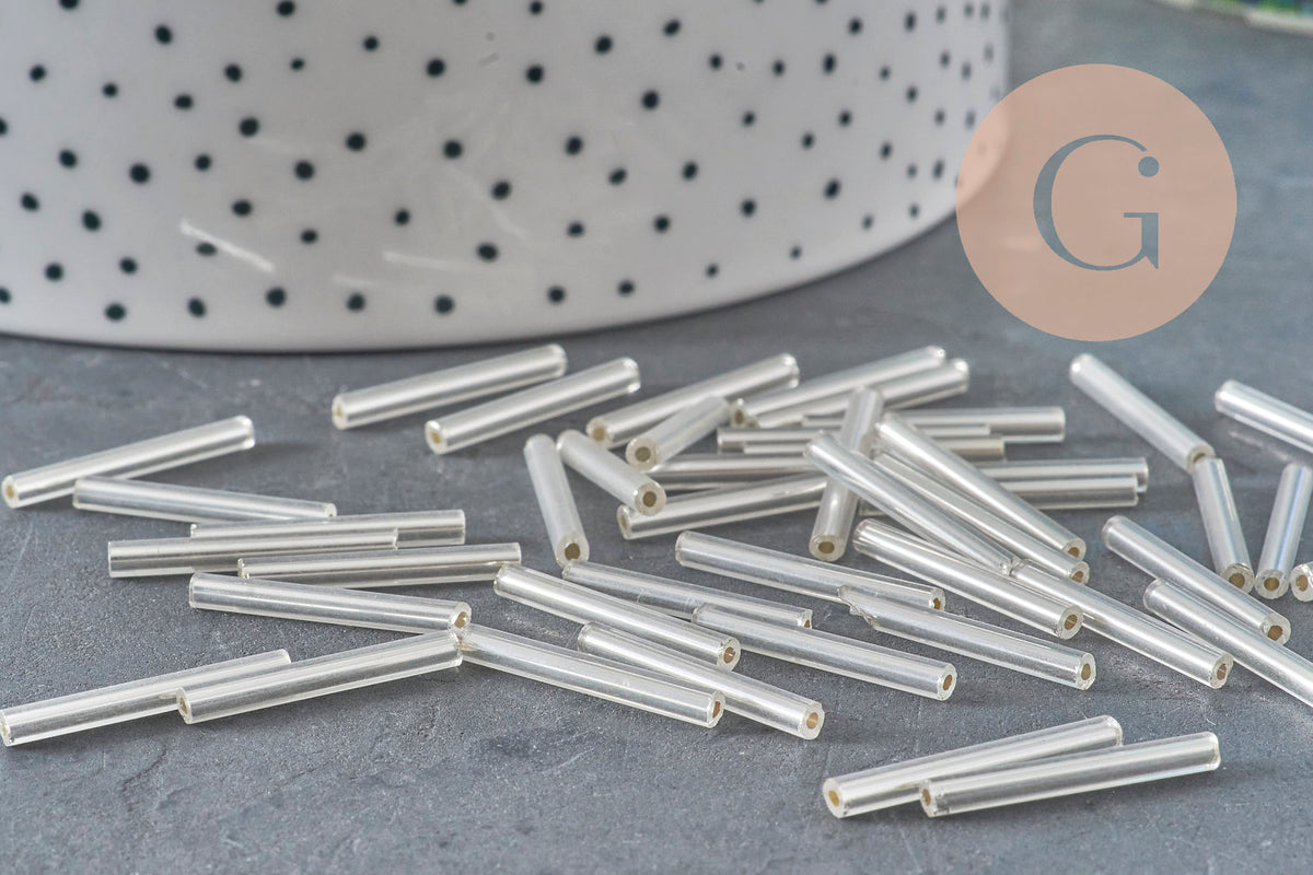 Seed beads Tube glass metallic silver 20mm x 2.5mm, long tube, silver beads, x 10gr G1163