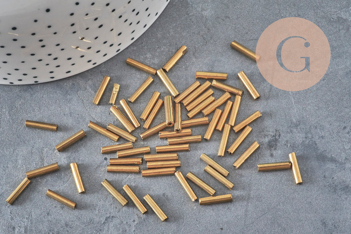 Tube seed beads, metallic gold glass, long tube, glass tube bead, gold bead, 12mm x 2mm, x 10gr G3416
