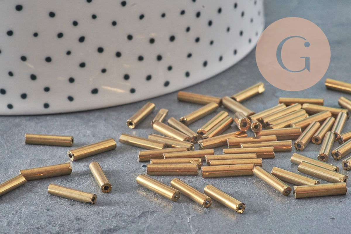 Tube seed beads, metallic gold glass, long tube, glass tube bead, gold bead, 12mm x 2mm, x 10gr G3416