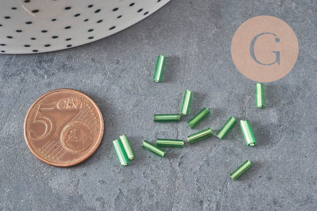 Green tube seed beads, green seed beads, metallic green beads, long tube, 6mm x 2mm, x 5gr G2691