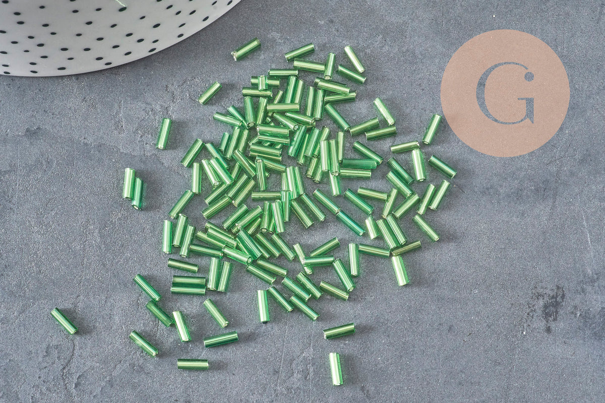 Green tube seed beads, green seed beads, metallic green beads, long tube, 6mm x 2mm, x 5gr G2691