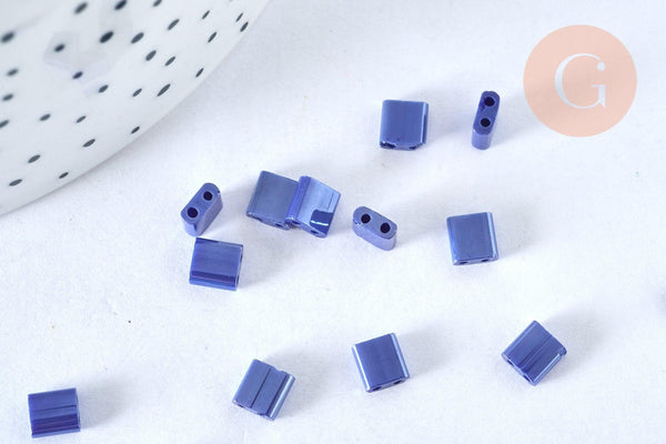 Perles rocaille carré verre rectangle bleu irisé, perle carré création bracelet, perle tila,4.5mm,2 trous, x50 (4.8GR) (G6814)
