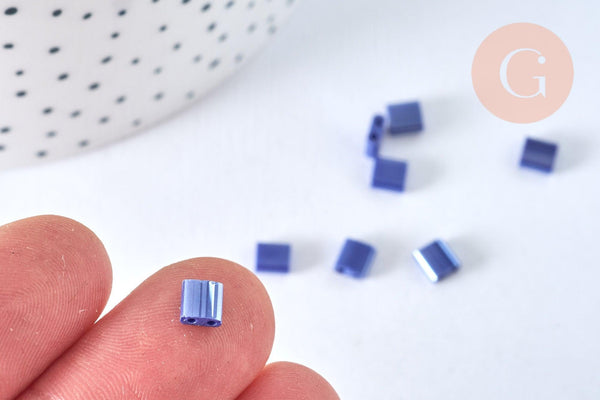 Perles rocaille carré verre rectangle bleu irisé, perle carré création bracelet, perle tila,4.5mm,2 trous, x50 (4.8GR) (G6814)