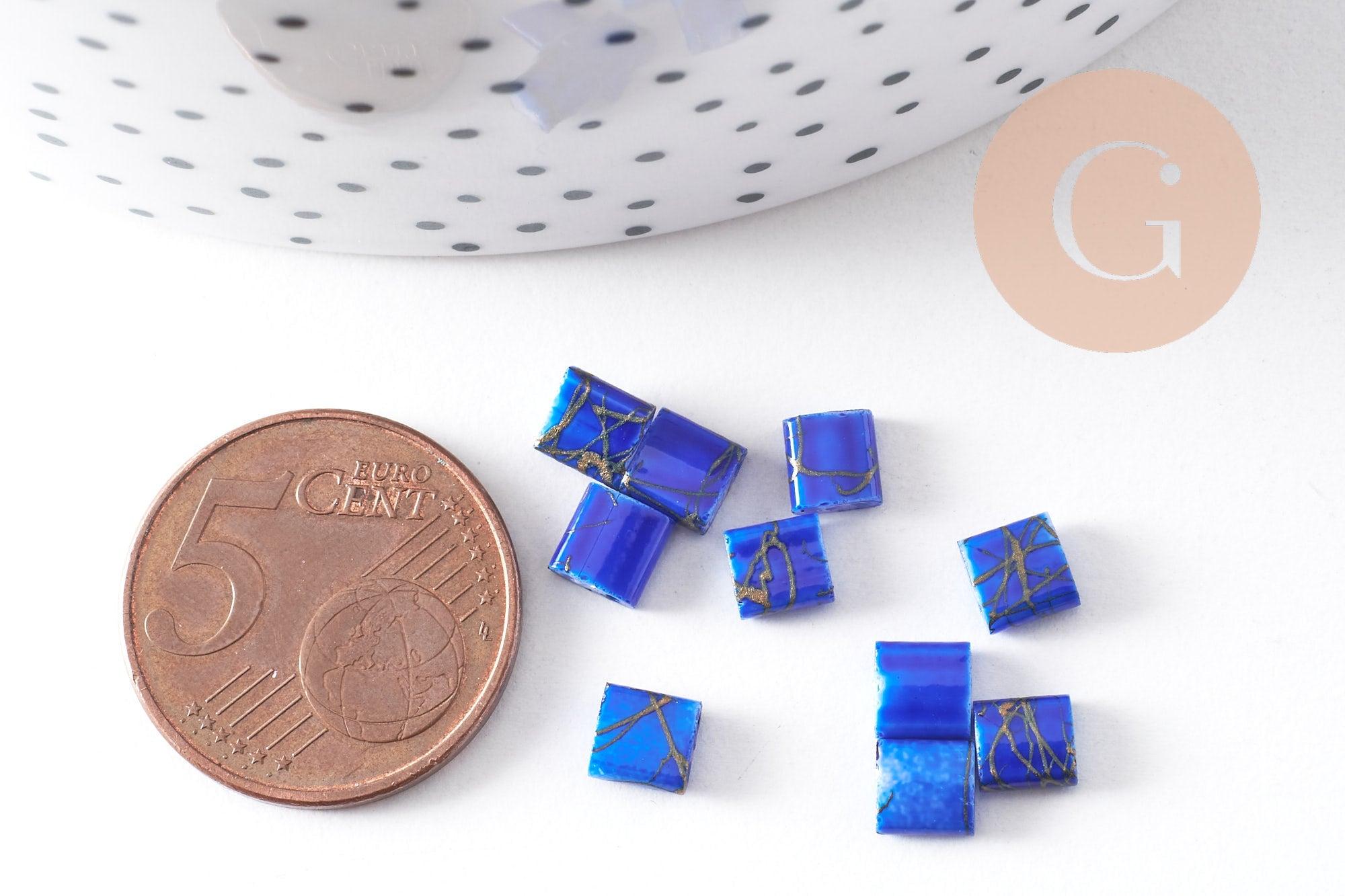 Perles rocaille carré verre rectangle bleu, façon perle tila,4.5mm/2 trous, x50 (G5476)