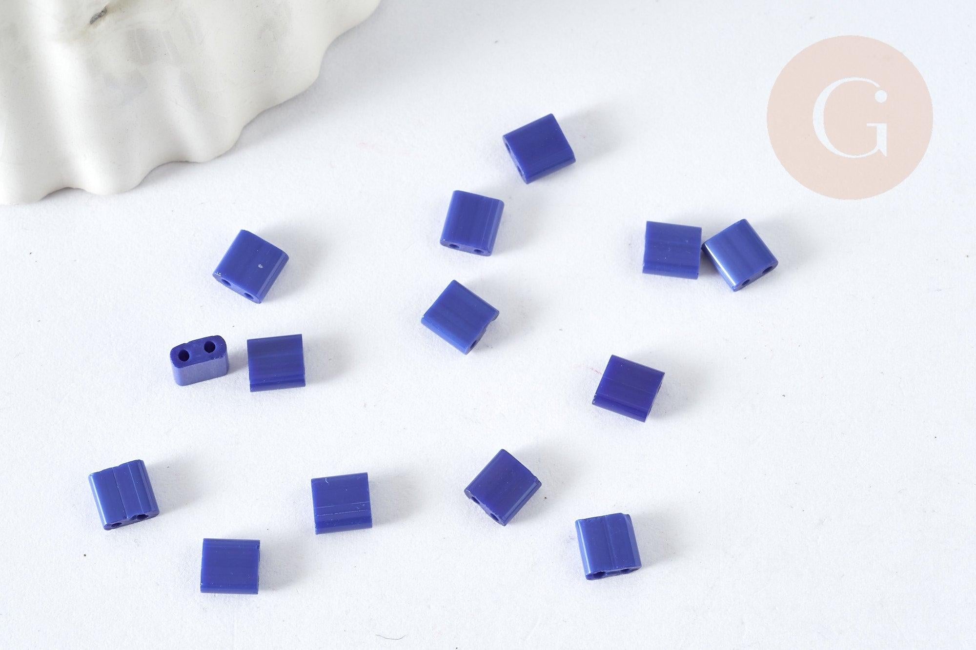 Perles rocaille carré verre rectangle bleu roi opaque,création bracelet, perle tila,4.5mm,2 trous, x50 (4.8GR) (G7488)