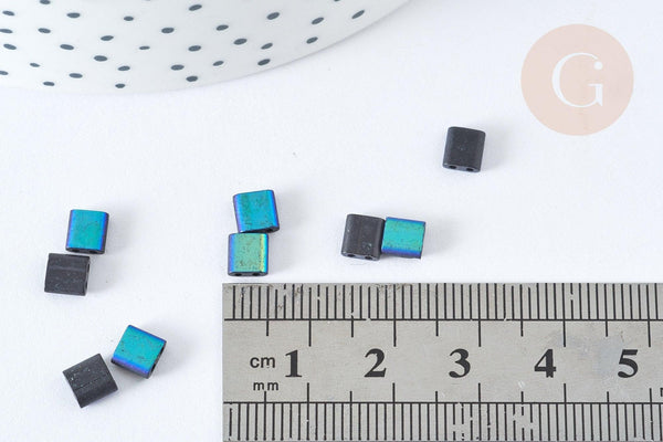 Perles rocaille carré verre rectangle noir mat bleu irisé opaque,création bracelet, perle tila,4.5mm,2 trous, x50 (4.8GR) G7481)