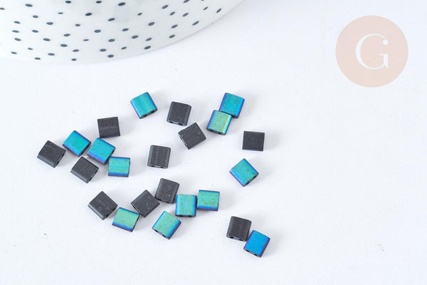 Perles rocaille carré verre rectangle noir mat bleu irisé opaque,création bracelet, perle tila,4.5mm,2 trous, x50 (4.8GR) G7481)
