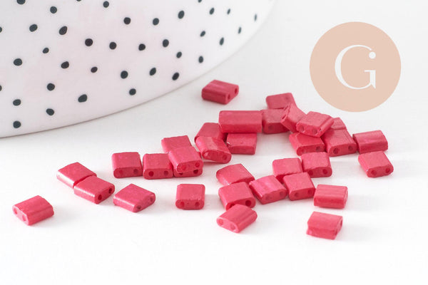 Perles rocaille carré verre rectangle rose façon tila 4.5mm 2 trous, x50 (G7485)