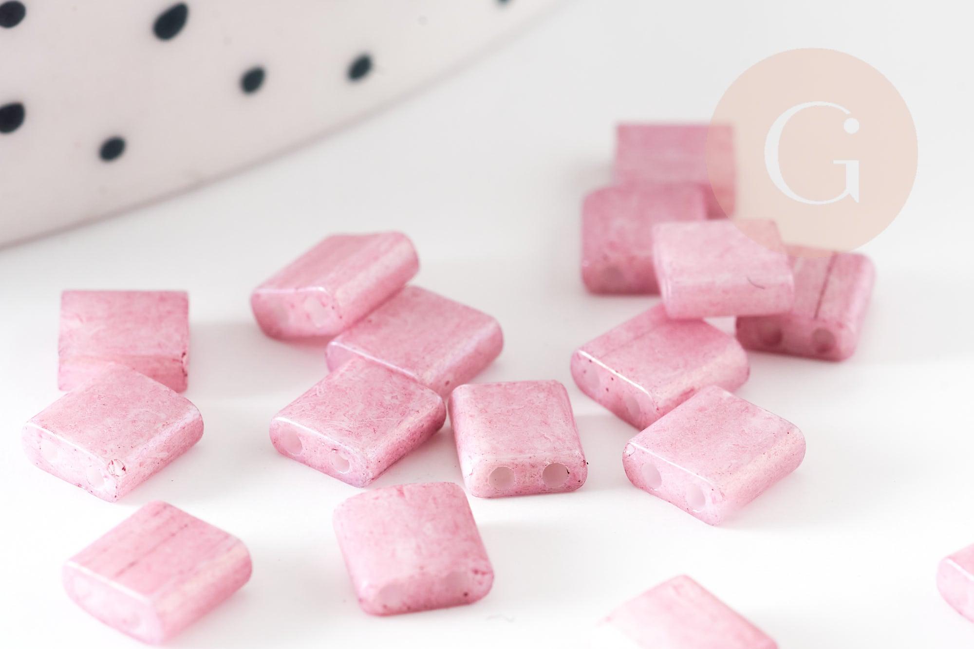 Perles rocaille carré verre rectangle rose nacré façon tila 2 trous 4.5mm, x50 (4.8GR) (G7750)