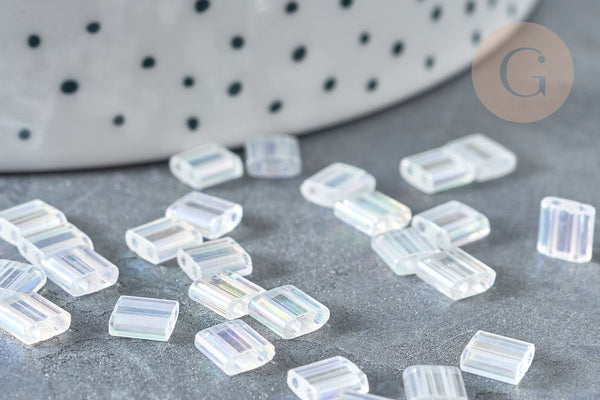 Perles rocaille carré verre rectangle transparent irisé, création bracelet, perle tila,4.5mm,2 trous, x50 (4.8GR) (G7487)