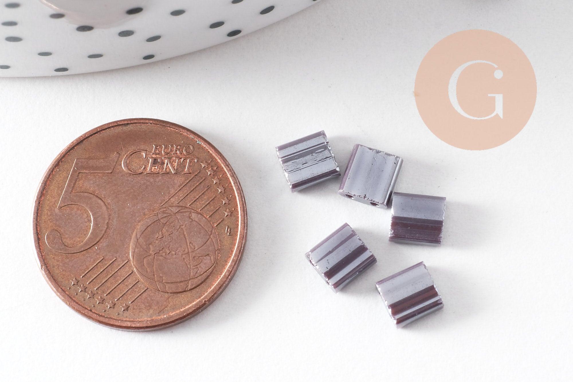 Perles rocaille carré verre rectangle violet irisé opaque tila, 4.5mm,2 trous, x50 (G6311)
