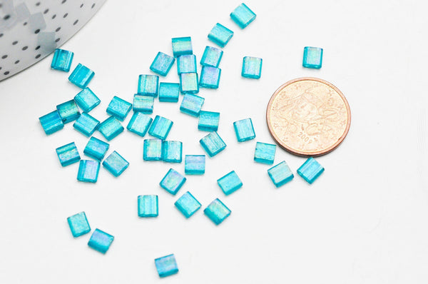 Perles rocaille verre rectangle bleu turquoise 4.5mm,2 trous, x50 (G4455)