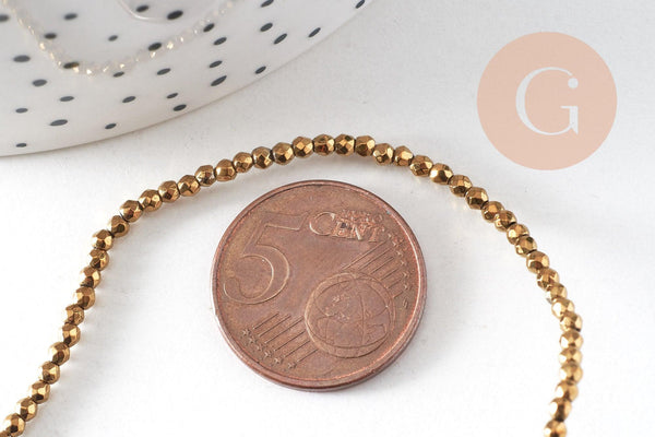 Perles ronde facettée hématite synthétique dorée 2mm, pierre, le fil de 38cm, x1 (G4480)