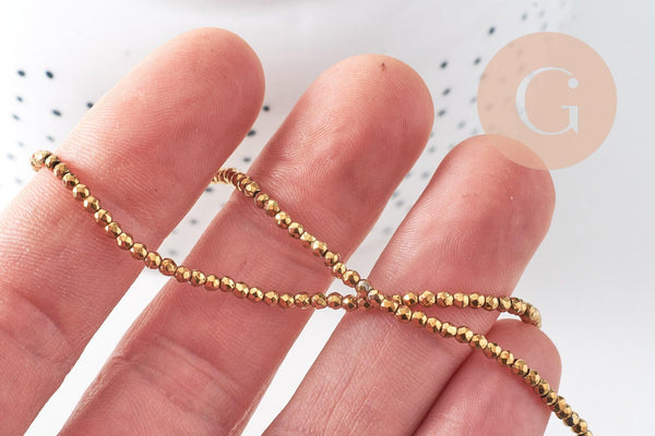Perles ronde facettée hématite synthétique dorée 2mm, pierre, le fil de 38cm, x1 (G4480)