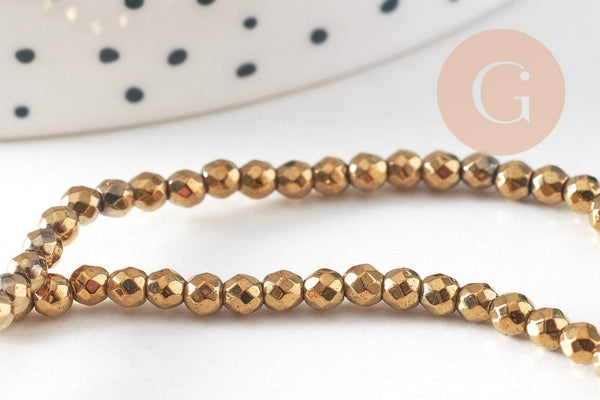 Perles ronde facettée hématite synthétique dorée 3mm, fil de 40cm x1 (G3683)