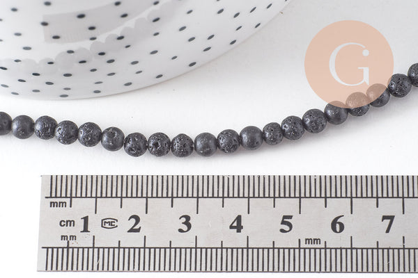 Perles ronde lave noire naturelle 4mm, x1 fil de 37cm (G1841)
