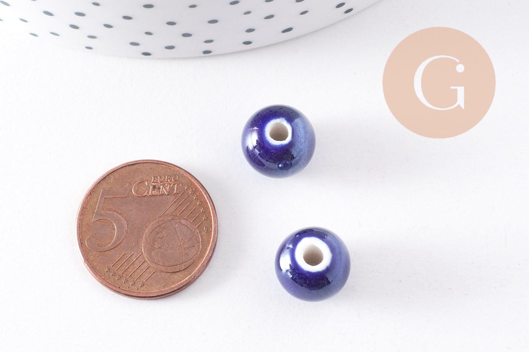 Perles ronde porcelaine bleu irisé,perle ronde bleu canard, porcelaine bleue, 1cm, x5 (G1162)
