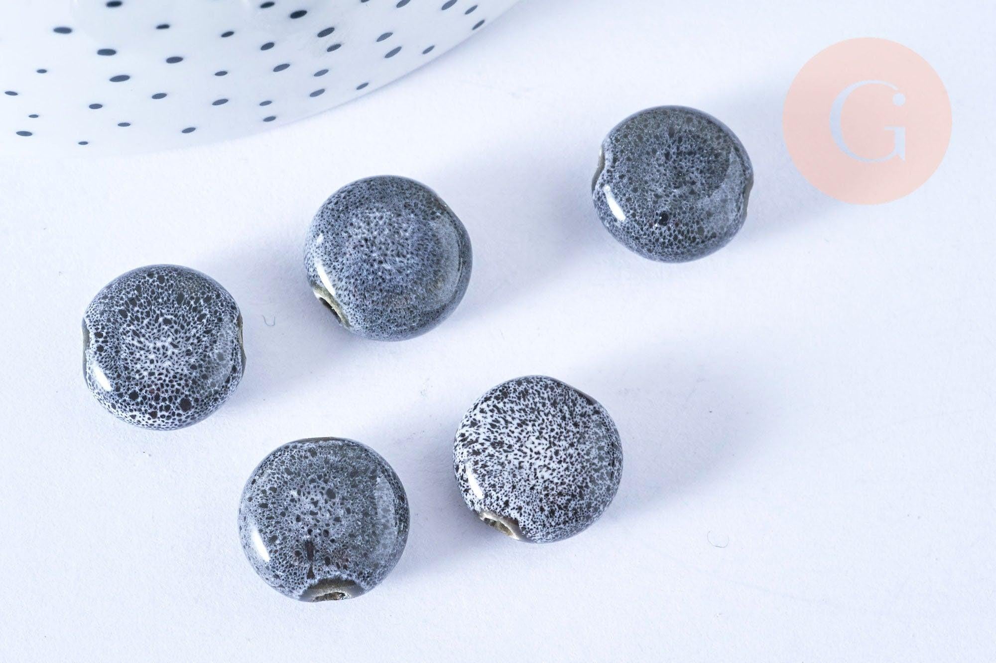 Perles ronde porcelaine grise, création bijoux,1.5cm, x5 (G1016)