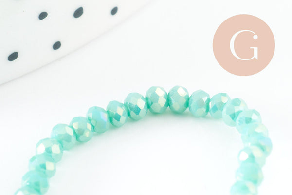 Perles rondelle verre irisée facettée vert irisé AB 3x2mm, création bijoux cristal, fil de 42cm, x1 (G7392)