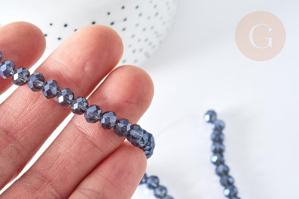 Perles rondelle verre opaque facettée gris foncé 6x5mm, DIY cristal, fil de 41cm, x1 (G8258)