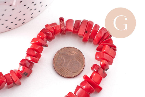 Perles rondelles corail rouge naturel 8-11mm, x1 le fil de 40cm (G3536)