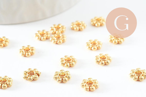 Perles rondelles fleurs laiton doré 18K 7.5mm, perles dorées intercalaire pour création bijoux x20 G9542