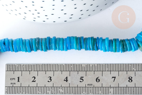 Perles rondelles heishi coquillage naturel teinté bleu 8~8,5mm, fil de 39cm x1 (G7873)