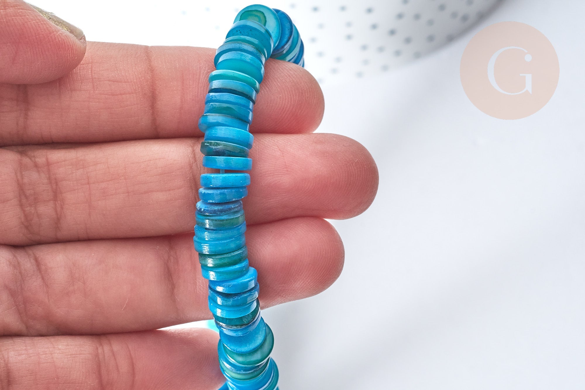Perles rondelles heishi coquillage naturel teinté bleu 8~8,5mm, fil de 39cm x1 (G7873)