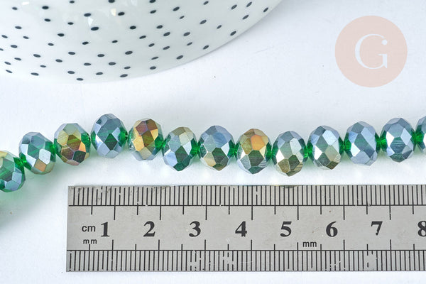 Perles rondelles verre facettée vert irisé 10x8mm, cristal, le fil de 53cm (G7454)