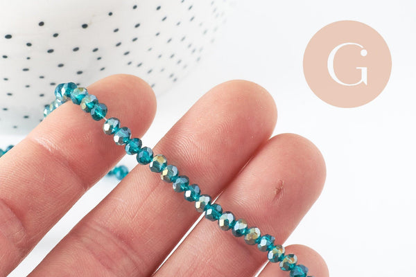 Perles rondelles verre transparent facetté bleues turquoise AB 4x3mm, création bijoux cristal DIY, fil de 42cm x1 (G8254)
