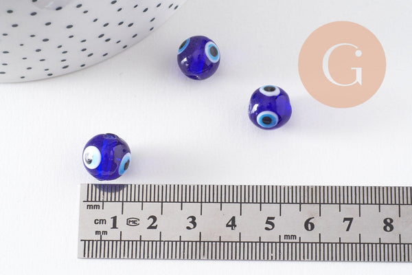 Perles rondes Mauvais Oeil bleue,perle Bijoux, perles rondes,perle verre artisanal chance pour création bijoux, 12mm, x10 (G3338)