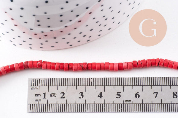 Perles rondes rondelles howlite rouge corail, perles pierre, howlite naturelle, fil de 45cm (G0891)