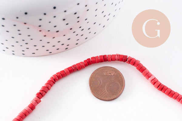 Perles rondes rondelles howlite rouge corail, perles pierre, howlite naturelle, fil de 45cm (G0891)