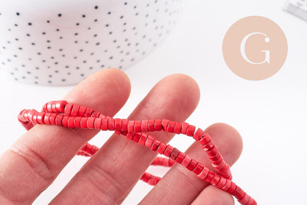 Perles rondes rondelles howlite rouge corail, perles pierre, howlite naturelle, fil de 45cm (G0891)