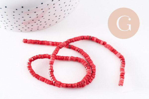 Perles rondes rondelles howlite rouge corail, perles pierre, howlite naturelle, fil de 45cm (G0891)