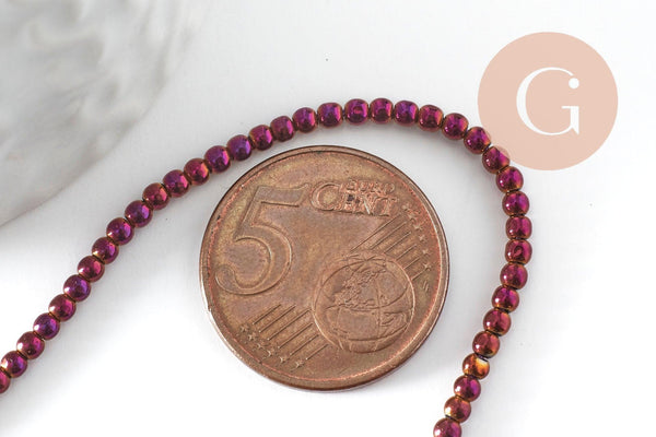 Perles rondes rose rouge métallisées verre 2,5mm, perles pour création bijoux verre, le fil de 35.8cm, x1 (G8708)