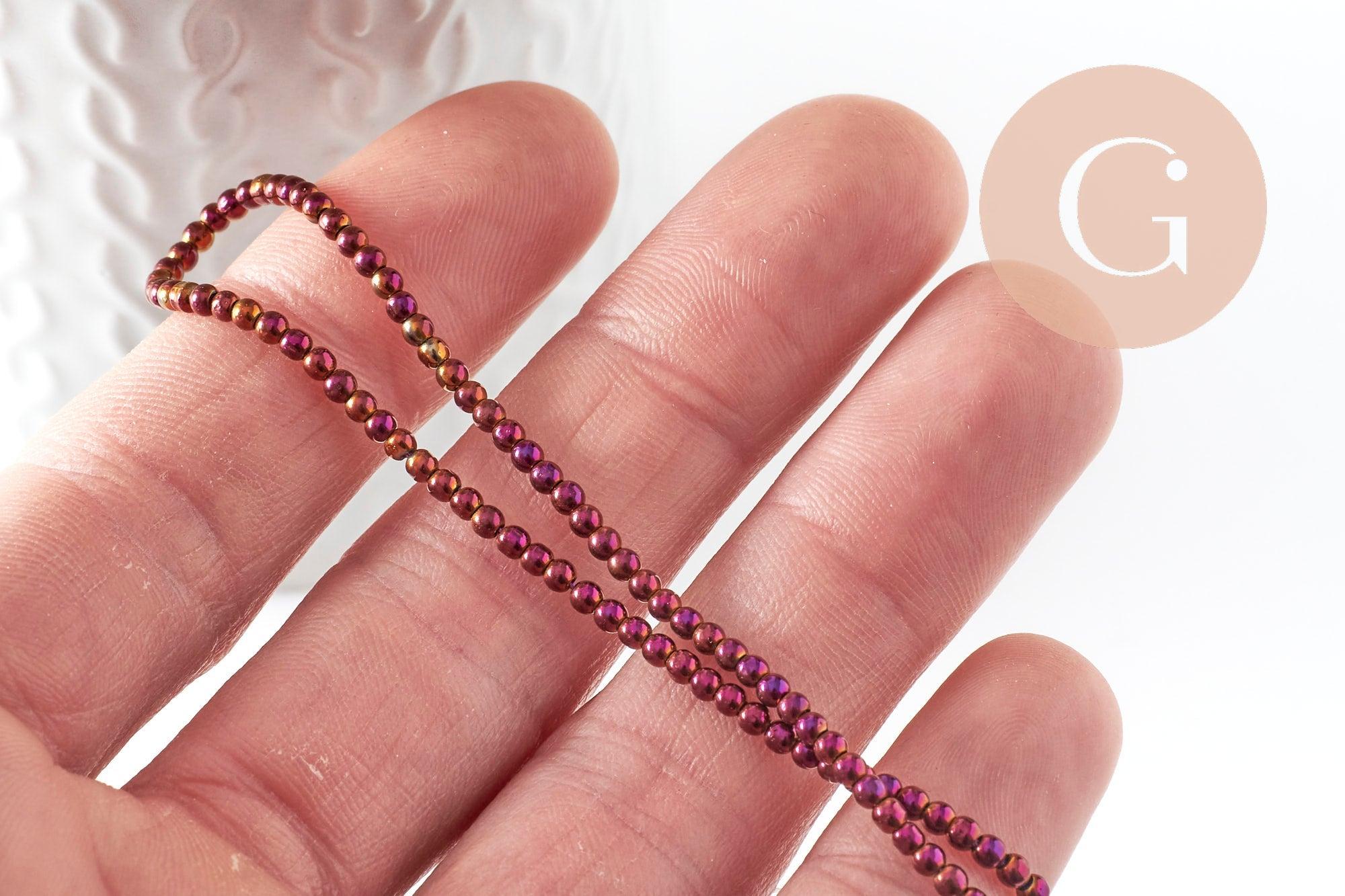 Perles rondes rose rouge métallisées verre 2,5mm, perles pour création bijoux verre, le fil de 35.8cm, x1 (G8708)