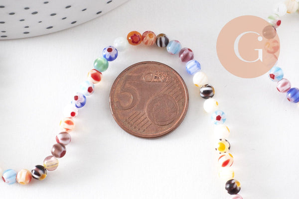 Perles rondes verre millefiori 4mm, x1 fil de 33cm (G5364)