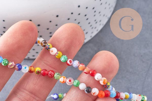 Perles rondes verre millefiori artisanal 4mm, x1 fil de 38cm (G5874)