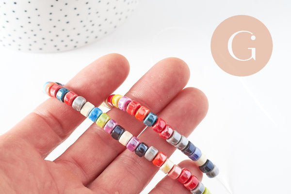 Perles tube heishi porcelaine multicolore 4.5mm, création bijoux fantaisie DIY, fil de 30cm, x1 G9660
