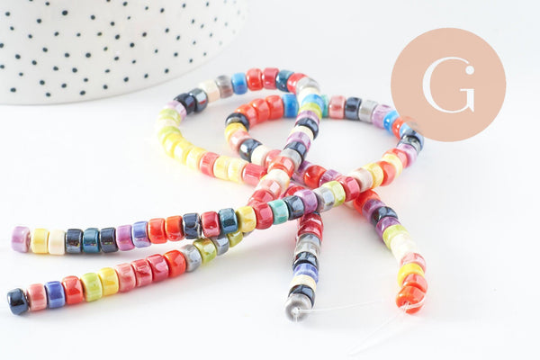 Perles tube heishi porcelaine multicolore 4.5mm, création bijoux fantaisie DIY, fil de 30cm, x1 G9660