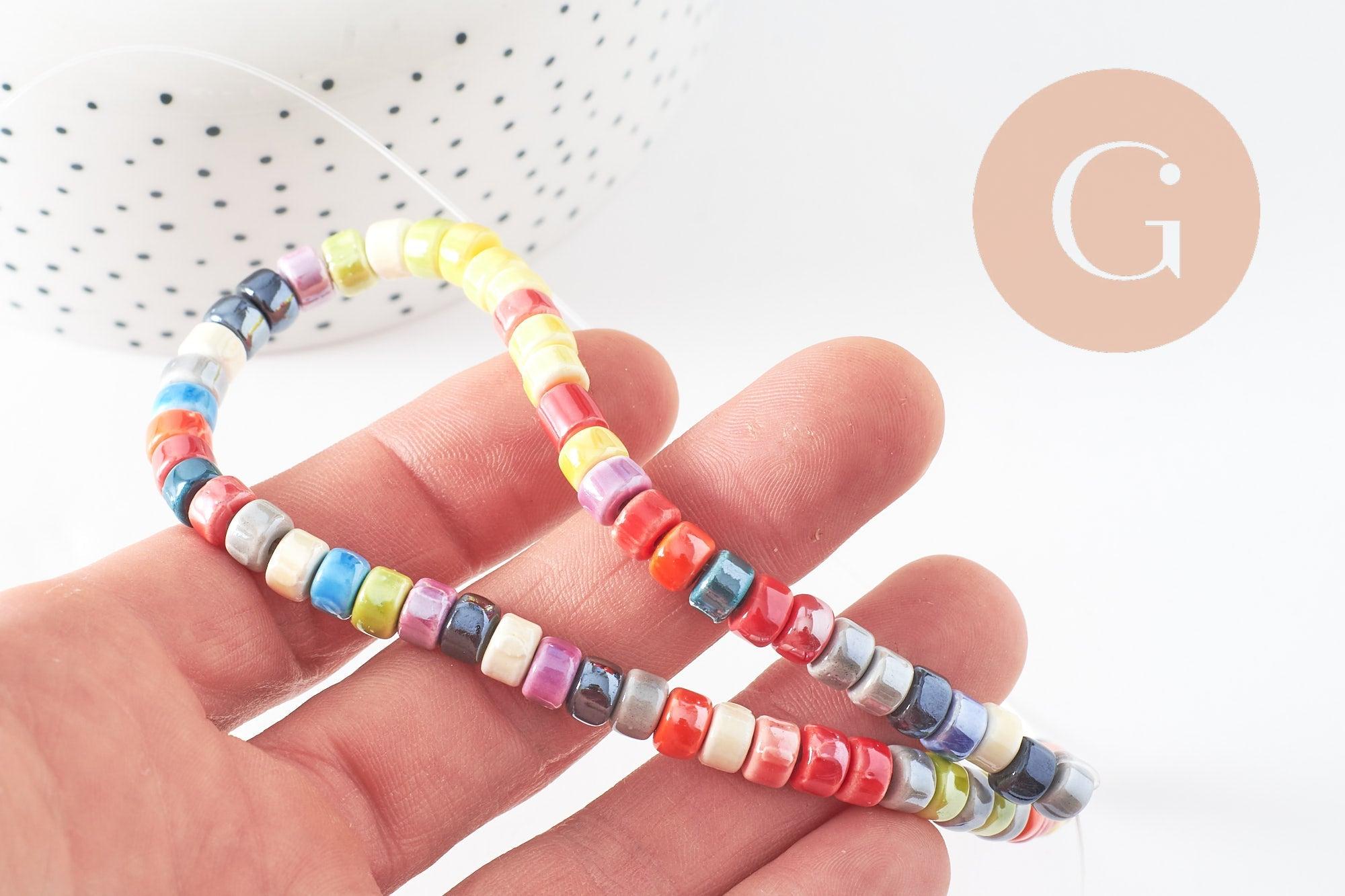 Perles tube heishi porcelaine multicolore 4.5mm, création bijoux fantaisie DIY, fil de 30cm, x1 (G9660)