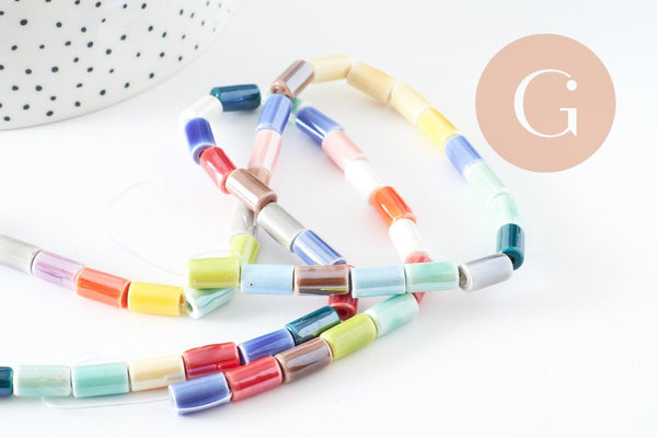 Perles tube porcelaine multicolore 11mm, création bijoux fantaisie DIY, fil de 30cm, x1 G9659
