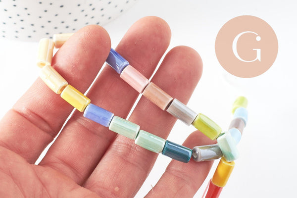 Perles tube porcelaine multicolore 11mm, création bijoux fantaisie DIY, fil de 30cm, x1 G9659