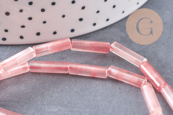 Perles tube quartz cerise verre 13mm, x1 fil de 37cm (G4159)